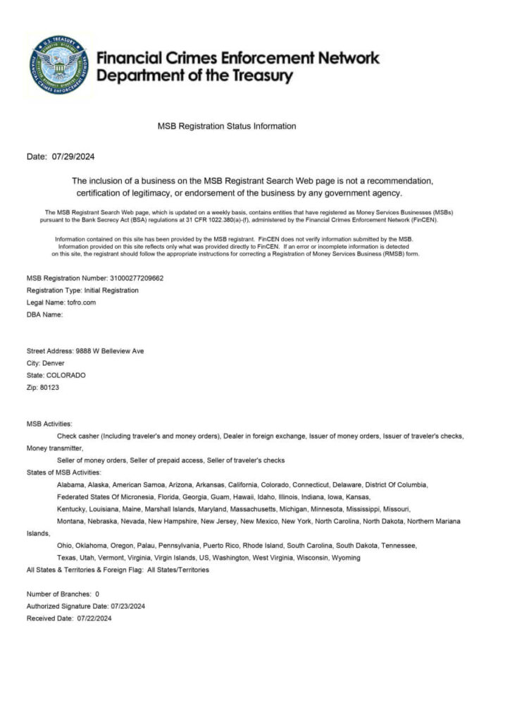 Tofro.com FinCEN MSB registration
