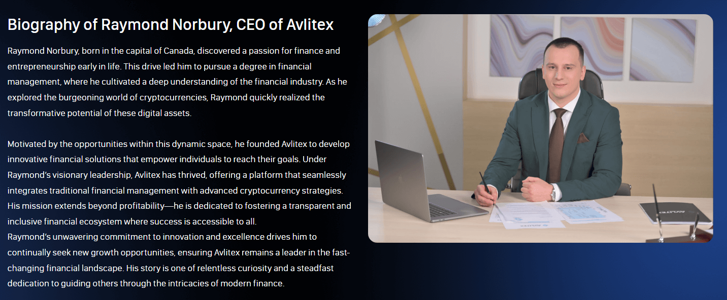 Raymond Norbury’s fake bio on Avlitex site.