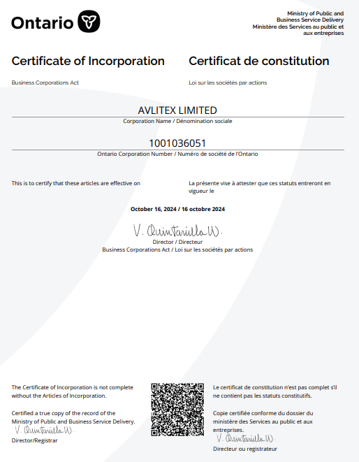Avlitex shell company certificate, dubious.