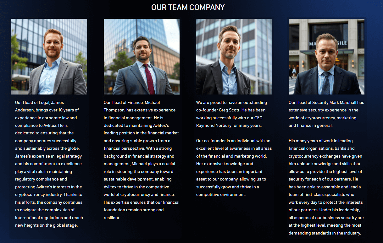 Fake team headshots on Avlitex site.